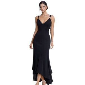 Evan Picone Black V Neck Gold Hardware Straps High Low Midi/Maxi Dress